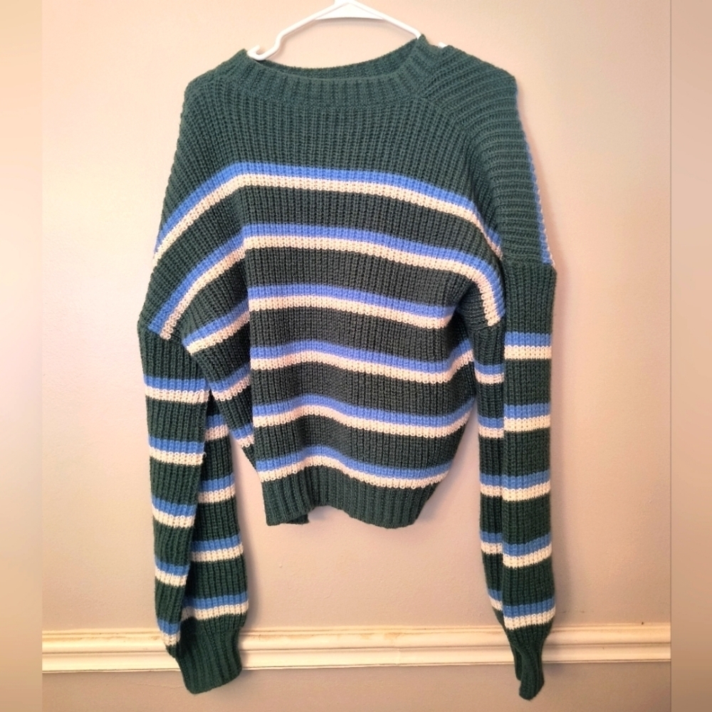 Green and Blue Striped Sweater Oversized Comfortable Women's Large